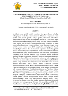 Jurnal Ilmiah Mahasiswa FISIP Unsyiah Volume -, Nomor -: 1-14