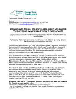 Commissioner Zemsky Congratulates 39 New York-Based Productions Nominated for the 2017 Emmy Awards