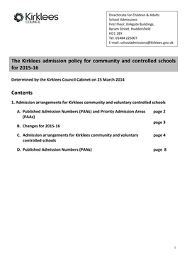 Kirklees Consultation on School Admission Arrangements for 2015/16