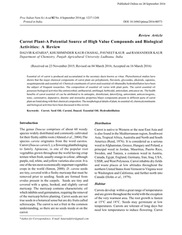 Carrot Plant-A Potential Source of High Value Compounds and Biological Activities