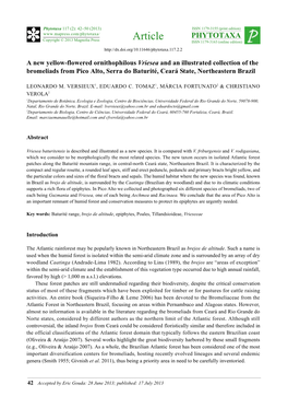 A New Yellow-Flowered Ornithophilous Vriesea and an Illustrated Collection of the Bromeliads from Pico Alto, Serra Do Baturité, Ceará State, Northeastern Brazil