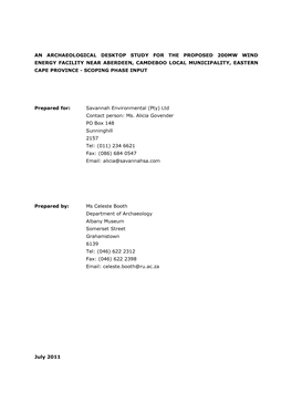 An Archaeological Desktop Study for the Proposed 200Mw Wind Energy Facility Near Aberdeen, Camdeboo Local Municipality, Eastern Cape Province - Scoping Phase Input