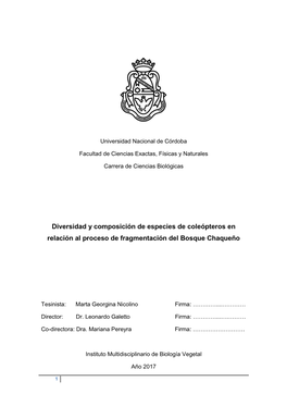 Diversidad Y Composición De Especies De Coleópteros En Relación Al Proceso De Fragmentación Del Bosque Chaqueño