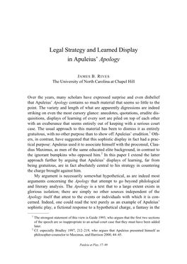 Legal Strategy and Learned Display in Apuleius' Apology