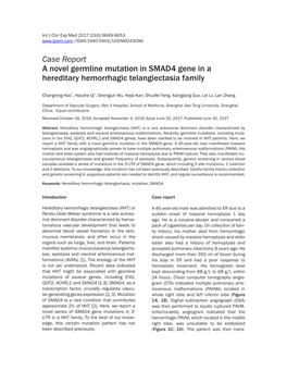 Case Report a Novel Germline Mutation in SMAD4 Gene in a Hereditary Hemorrhagic Telangiectasia Family