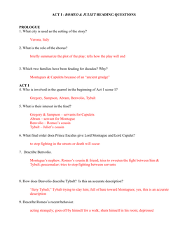 Act I - Romeo & Juliet Reading Questions