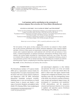 Leaf Anatomy and Its Contribution to the Systematics of Aechmea Subgenus Macrochordion (De Vriese) Baker (Bromeliaceae)