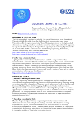 UNIVERSITY UPDATE : 21 May 2004