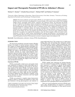 Impact and Therapeutic Potential of Ppars in Alzheimer's Disease