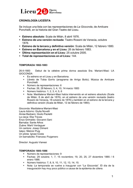 1 CRONOLOGÍA LICEÍSTA Se Incluye Una Lista Con Las Representaciones De La Gioconda, De Amilcare Ponchielli, En La Historia
