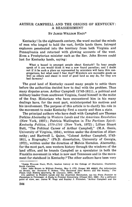 Arthur Campbell and the Origins of Kentucky a Reassessment