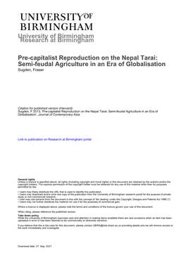 Pre-Capitalist Reproduction on the Nepal Tarai: Semi-Feudal Agriculture in an Era of Globalisation Sugden, Fraser