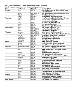 Men's CBB Commentators – Game Assignments (Subject to Change