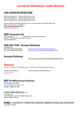 Acronym Dictionary and Glossary