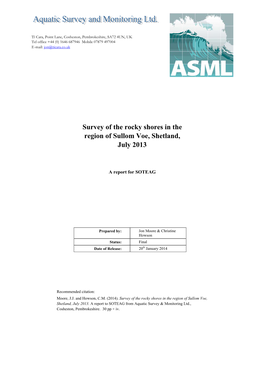 Survey of the Rocky Shores in the Region of Sullom Voe, Shetland, July 2013