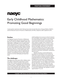 Early Childhood Mathematics: Promoting Good Beginnings