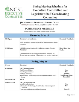 Spring Meeting Schedule for Executive Committee and Legislative Staff Coordinating Committee