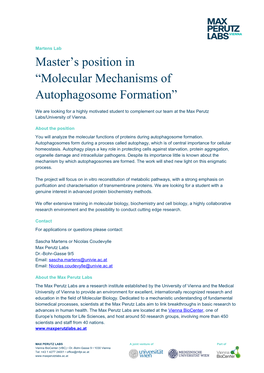 Master's Position in “Molecular Mechanisms of Autophagosome