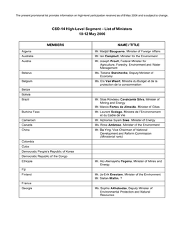 CSD-14 High-Level Segment – List of Ministers 10-12 May 2006