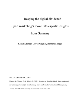 Reaping the Digital Dividend? Sport Marketing's Move Into Esports
