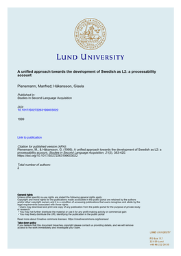 A Unified Approach Towards the Development of Swedish As L2: a Processability Account