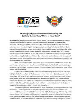 FACE Hospitality Announces Branson Partnership with Celebrity Chef Guy Fieri, “Mayor of Flavor Town”