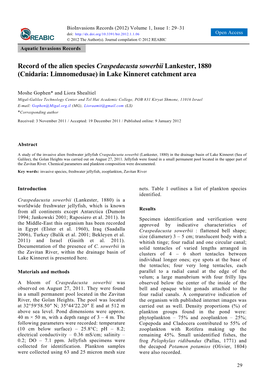 Record of the Alien Species Craspedacusta Sowerbii Lankester, 1880 (Cnidaria: Limnomedusae) in Lake Kinneret Catchment Area