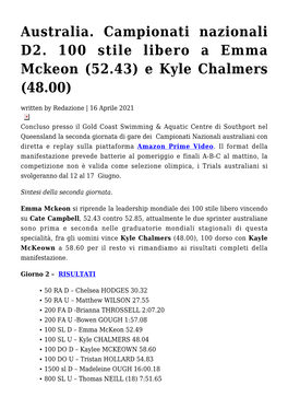 Australia. Campionati Nazionali D2. 100 Stile Libero a Emma Mckeon (52.43) E Kyle Chalmers (48.00) Written by Redazione | 16 Aprile 2021