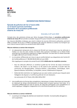 INFORMATION PREFECTORALE Épisode De Pollution De L'air À L'ozone