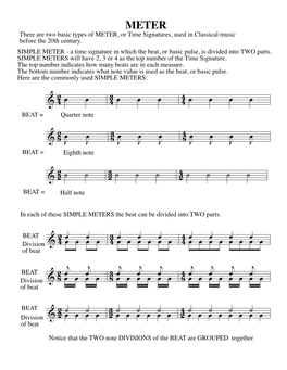 METER There Are Two Basic Types of METER, Or Time Signatures, Used in Classical Music Before the 20Th Century