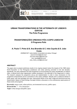 URBAN TRANSFORMATIONS in the AFTERMATH of LISBON's EXPO'98 the Polis Programme TRANSFORMAÇÕES URBANAS PÓS a EXPO LISBOA'9