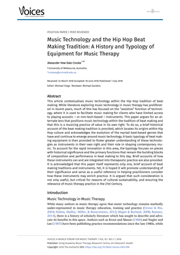 Music Technology and the Hip Hop Beat Making Tradition: a History and Typology of Equipment for Music Therapy