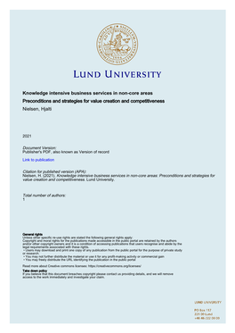 Knowledge Intensive Business Services in Non-Core Areas Preconditions and Strategies for Value Creation and Competitiveness Nielsen, Hjalti