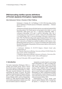 DNA-Barcoding Clarifies Species Definitions of Finnish Apatania (Trichoptera: Apataniidae)