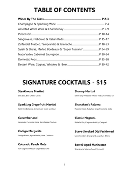 Table of Contents Signature Cocktails