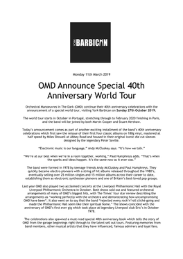 Press Releases OMD Announce Special 40Th Anniversary World