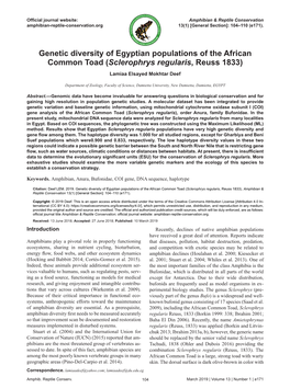 Genetic Diversity of Egyptian Populations of the African Common Toad (Sclerophrys Regularis, Reuss 1833) Lamiaa Elsayed Mokhtar Deef