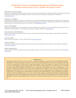 On the Role of Fire in Neandertal Adaptations in Western Europe: Evidence from Pech De L’Azé IV and Roc De Marsal, France