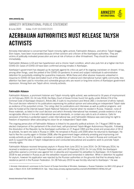 Azerbaijan Authorities Must Release Talysh Activists