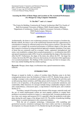 6415 Assessing the Effect of Dome Shape and Location on the Acoustical Performance of a Mosque by Using Computer Simulation N. C