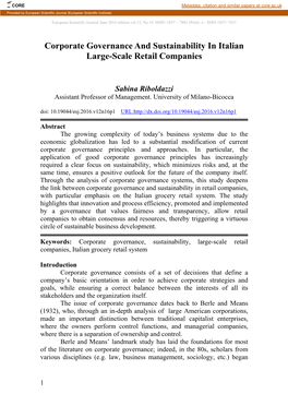 Corporate Governance and Sustainability in Italian Large-Scale Retail Companies