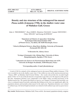 Density and Size Structure of the Endangered Fan Mussel Pinna Nobilis (Linnaeus 1758), in the Shallow Water Zone of Maliakos Gulf, Greece