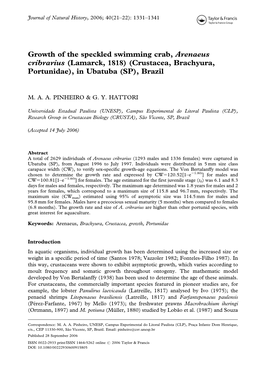 Growth of the Speckled Swimming Crab, Arenaeus Cribrarius (Lamarck, 1818) (Crustacea, Brachyura, Portunidae), in Ubatuba (SP), Brazil