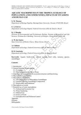 Aquatic Macrophytes in the Tropics: Ecology of Populations and Communities, Impacts of Invasions and Human Use - S