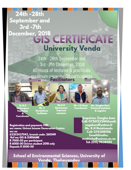 GIS Certificate; 24Th—28Th September and 3Rd—7Th December 2018 @ University of Venda