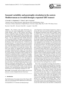 Seasonal Variability and Geostrophic Circulation in the Eastern Mediterranean As Revealed Through a Repeated XBT Transect