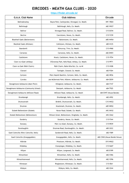 Eircodes - Meath Gaa Clubs - 2020 G.A.A