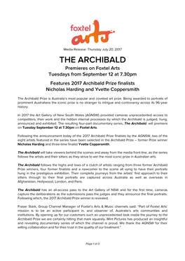 THE ARCHIBALD Premieres on Foxtel Arts Tuesdays from September 12 at 7.30Pm