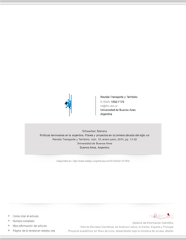 Políticas Ferroviarias En La Argentina. Planes Y Proyectos En La Primera Década Del Siglo Xxi Revista Transporte Y Territorio, Núm