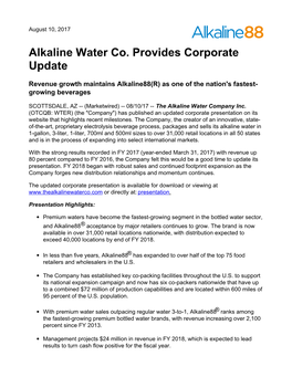 Alkaline Water Co. Provides Corporate Update